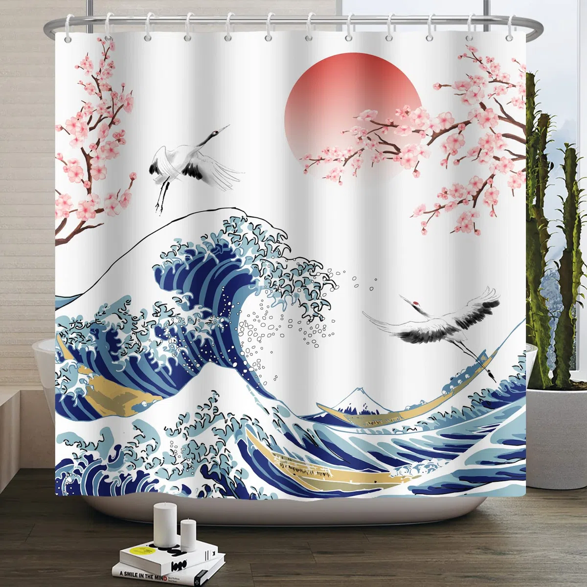 Cortina de Baño 180x180cm de Olas Gigantes y Tinta de Cerezo Asiático - Paisaje con Ganso Volador - Tela Decorativa Impermeable con Ganchos