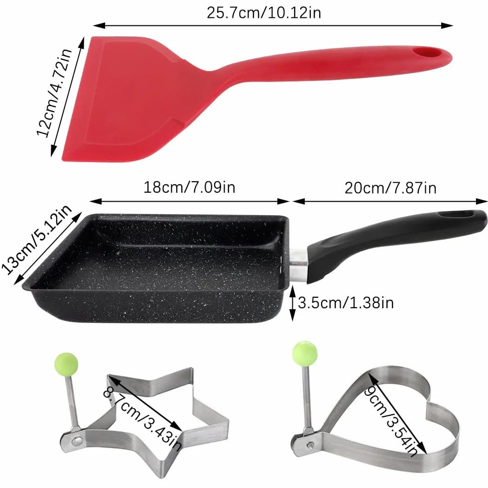 Bandeja de tortilla japonesa, bandeja de huevo mini rectángulo con espátula de silicona ancha y 2 anillos de huevo fritos, herramientas de cocina de cocina para el hogar de tamagoyaki antiadherente