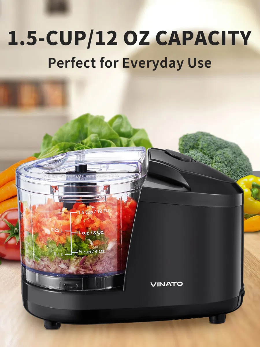 VINATO Picadora Eléctrica, Picadora Eléctrica Multiusos con 2 Cuchillas de Acero Inoxidable, Capacidad de 350 ml, para Picar Carne, Cebollas, Frutas y Verduras.