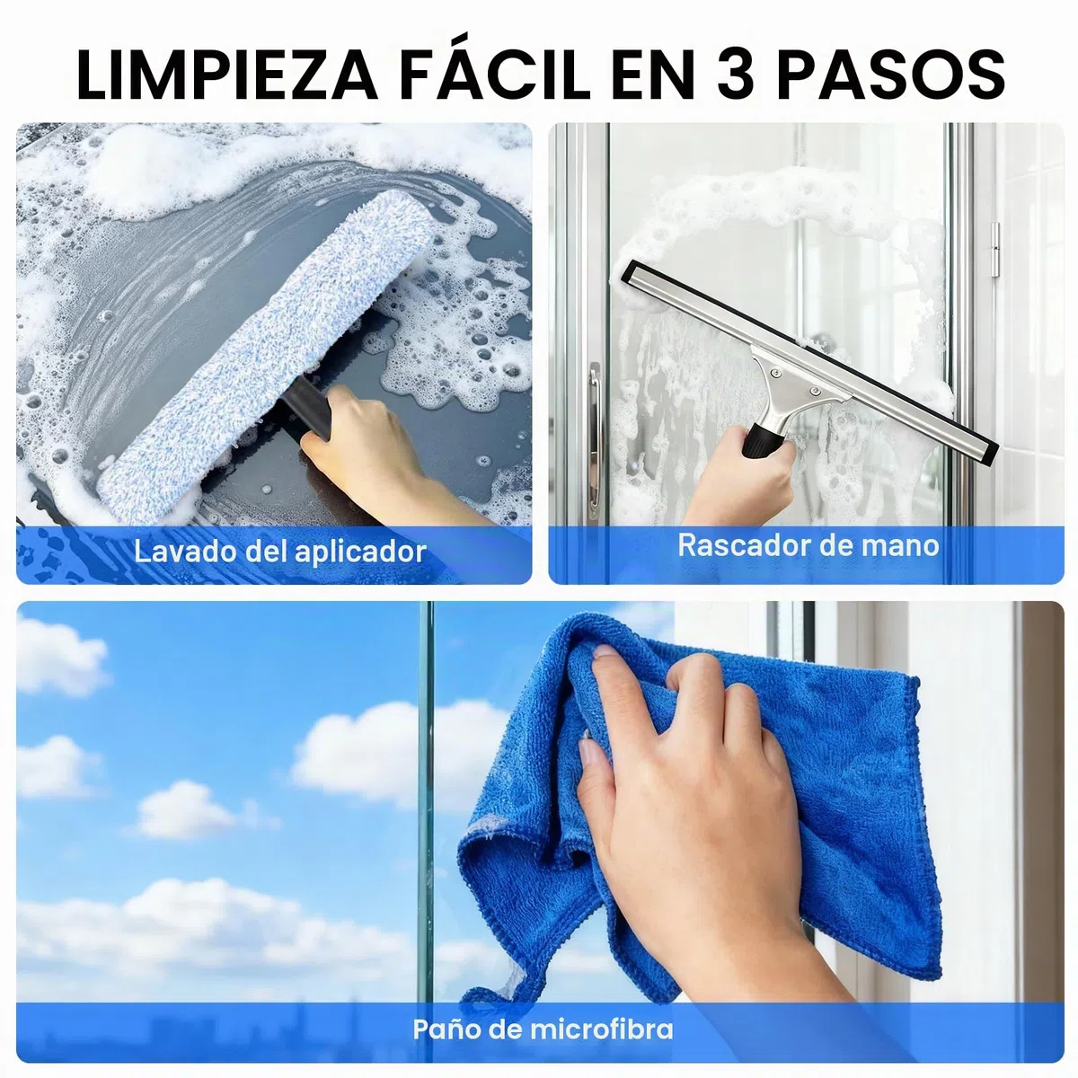 Limpia Cristales Profesional, Window Cleaner, Limpiador de Cristales, Kit de Limpieza para Cristales 6 Piezas, Incluye Racleta, Bayeta de Microfibra, para Ventanas, Espejos, Puertas de Ducha