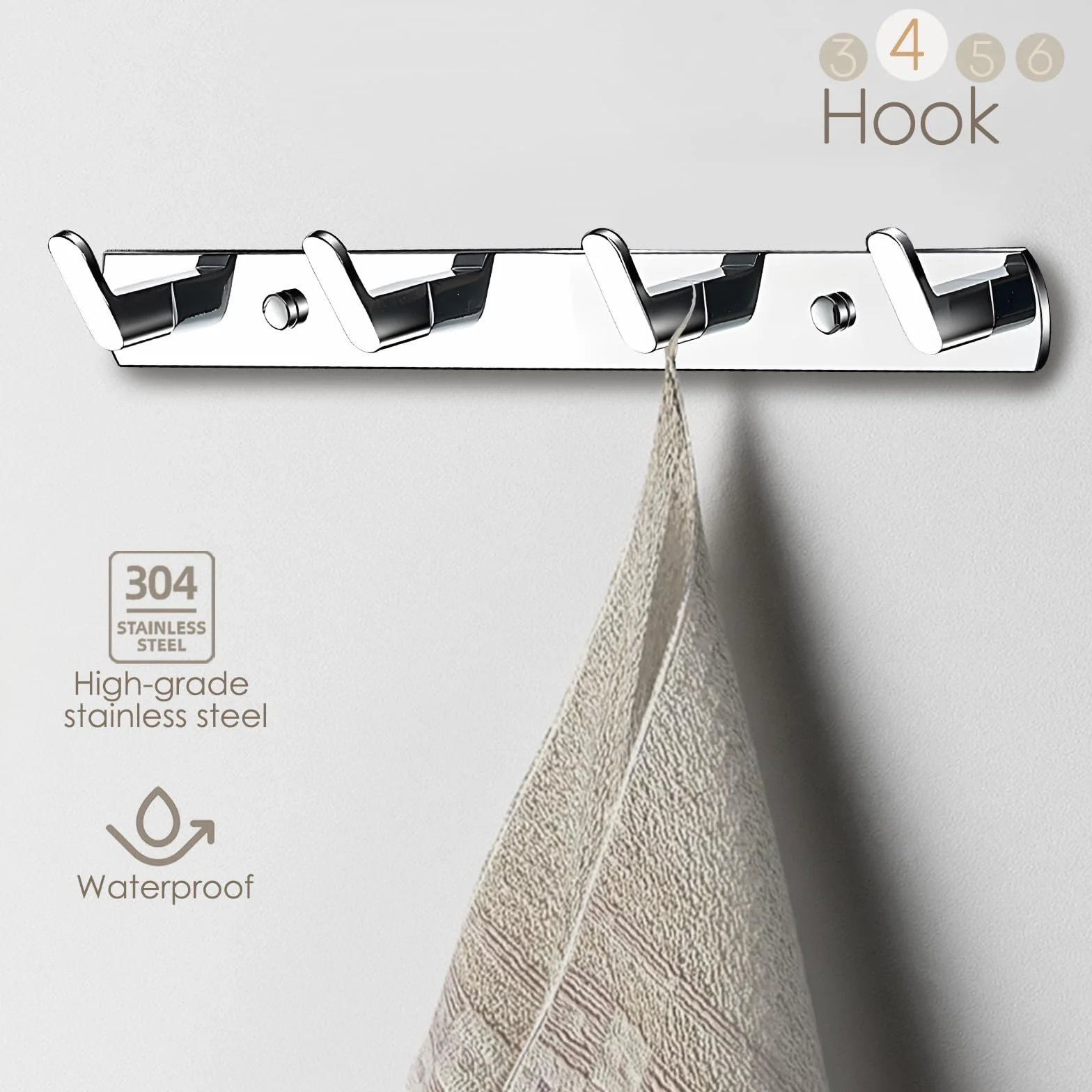 Perchero de Pared Premium | Ganchos Cromados Acero Inoxidable 304 | 4 Tamaños (3-6 Ganchos) | 15kg Capacidad | Montaje con Taladro | Para Recibidor, Baño, Cocina & Oficina