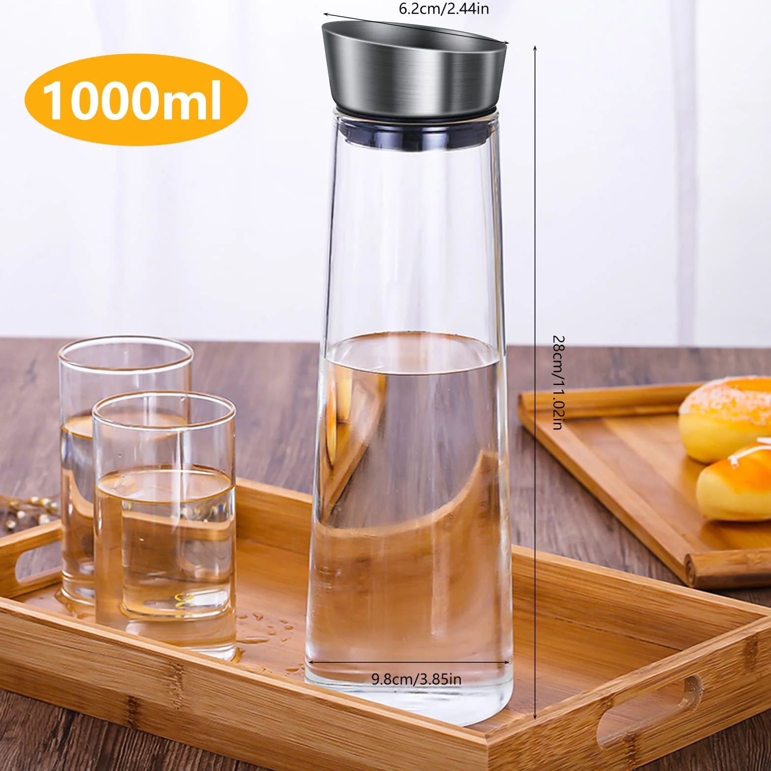 Jarra de vidrio de 1 litro con tapa de acero inoxidable, resistente a los borosilicatos para agua, leche, jugo y limonada