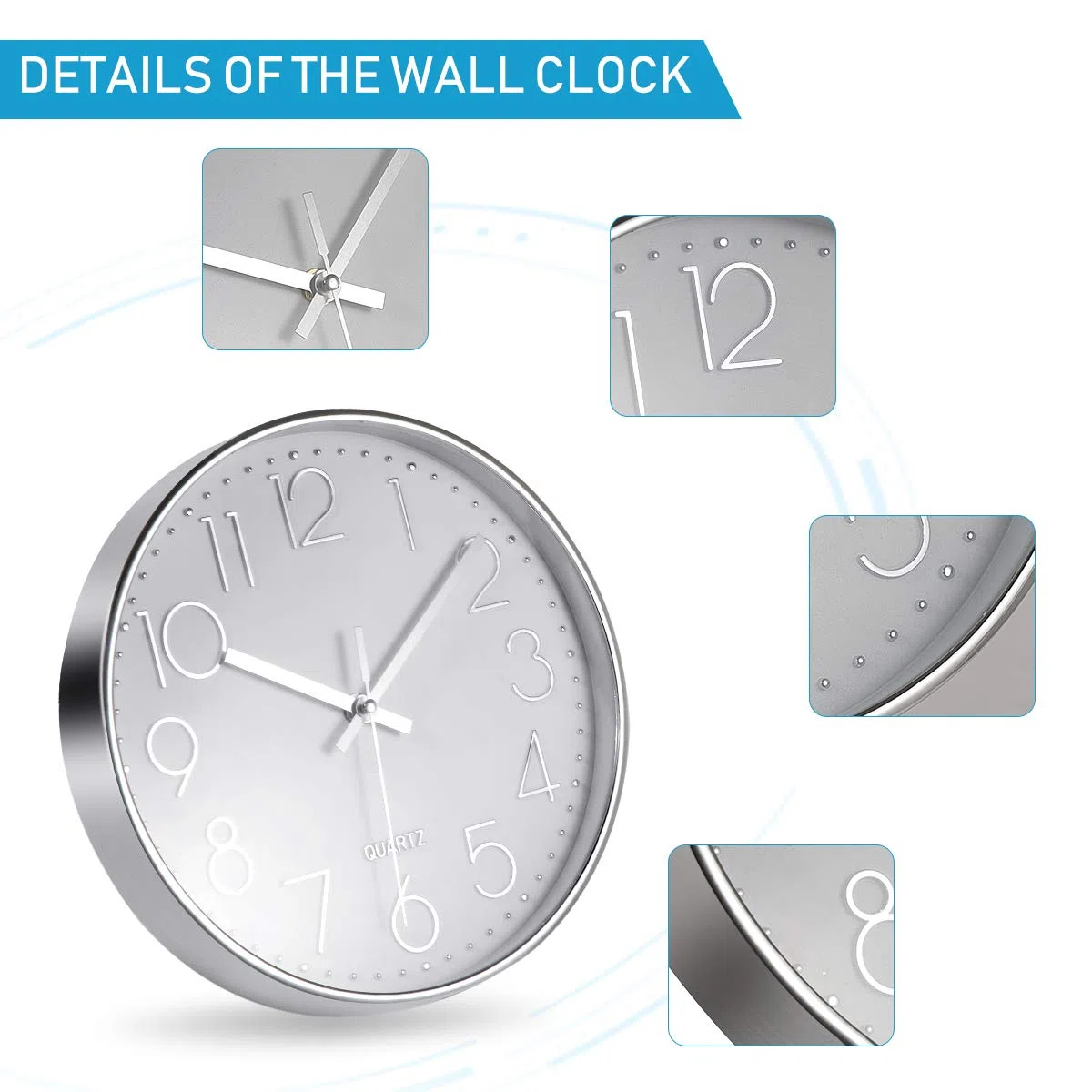 Delgeo Plata Reloj de Pared, Decoración de Pared, Moderno Reloj Cocina Pared Silencioso para Hogar/Oficina/Cocina,Plata (30cm/12'')
