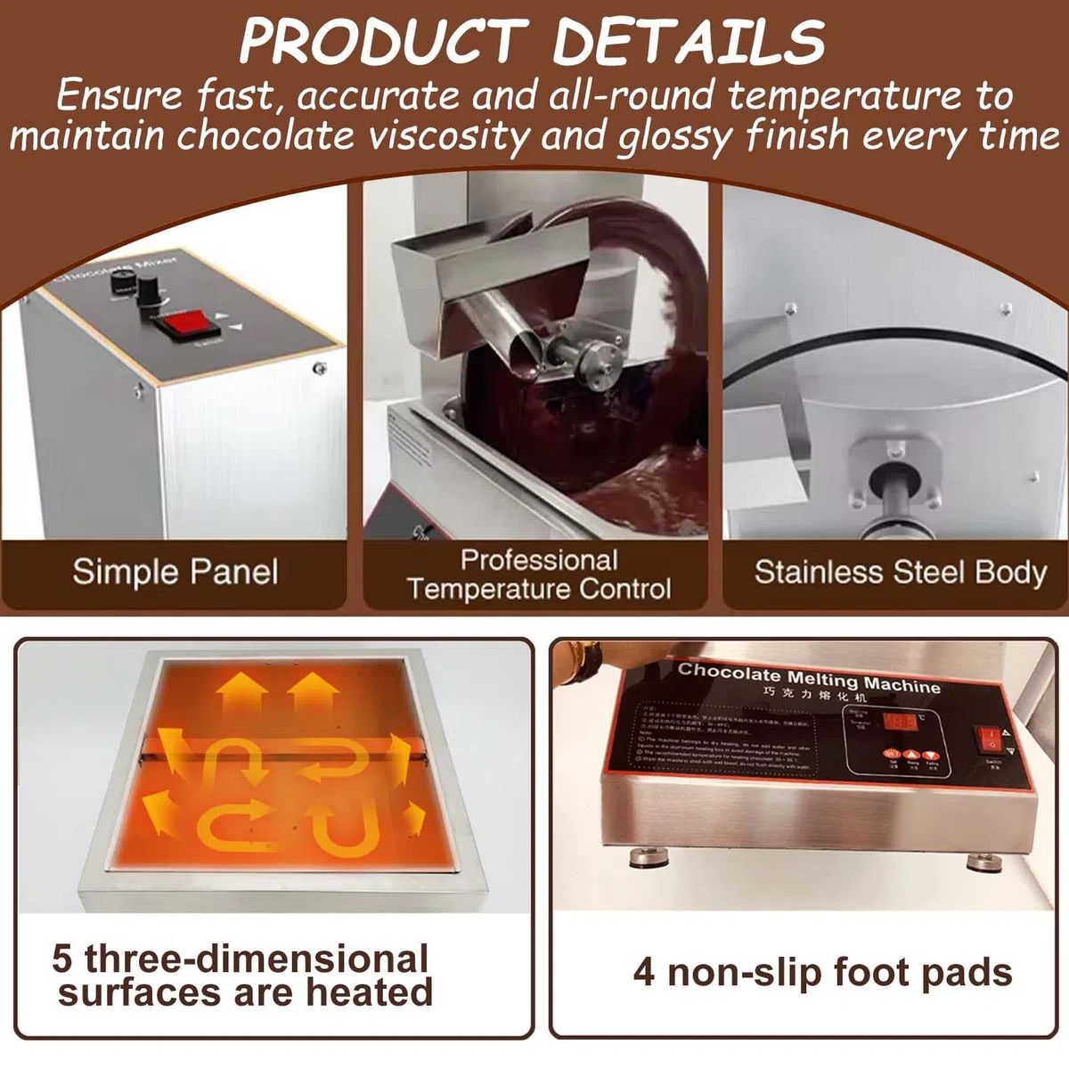 Horno de fusión de chocolate de acero inoxidable con rueda mezcladora y tanques extraíbles para cafeterías y chocolaterías, ideal para fundir y mezclar chocolates