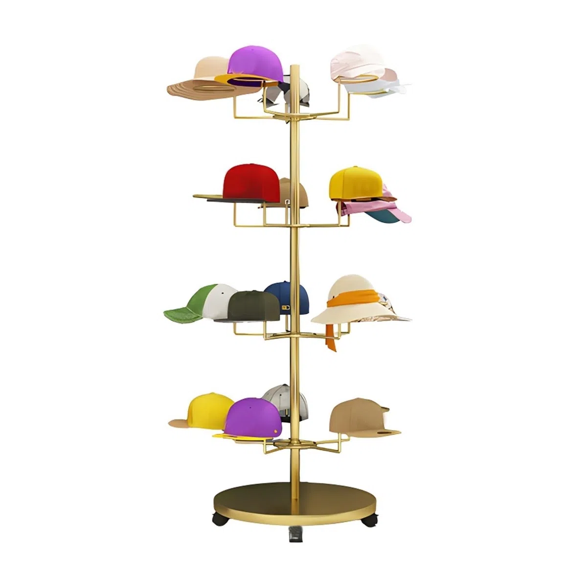 Expositor de Sombreros, Estante de Almacenamiento de Sombreros de 4, 5, 6 y 7 Niveles, Torre de exhibición de Gorras de Metal Independiente con Ruedas giratoria,Gold-4