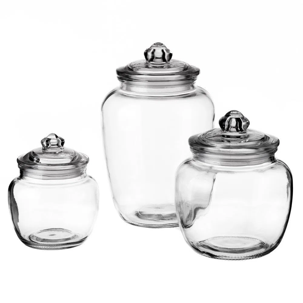 LOLAhome - Juego de 3 botes bombonera de cristal transparente con tapa hermética para alimentos. 3 tamaños para organizar la cocina o decorar el salón conservando productos con estilo