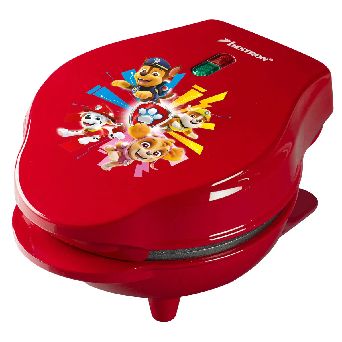 Bestron Paw Patrol Gofrera, mini gofrera con diseño único de la Paw Patrol, para fiestas de cumpleaños infantiles, Pascua y Navidad, tamaño de los gofres: Ø 10cm, producto con licencia oficial, Rojo