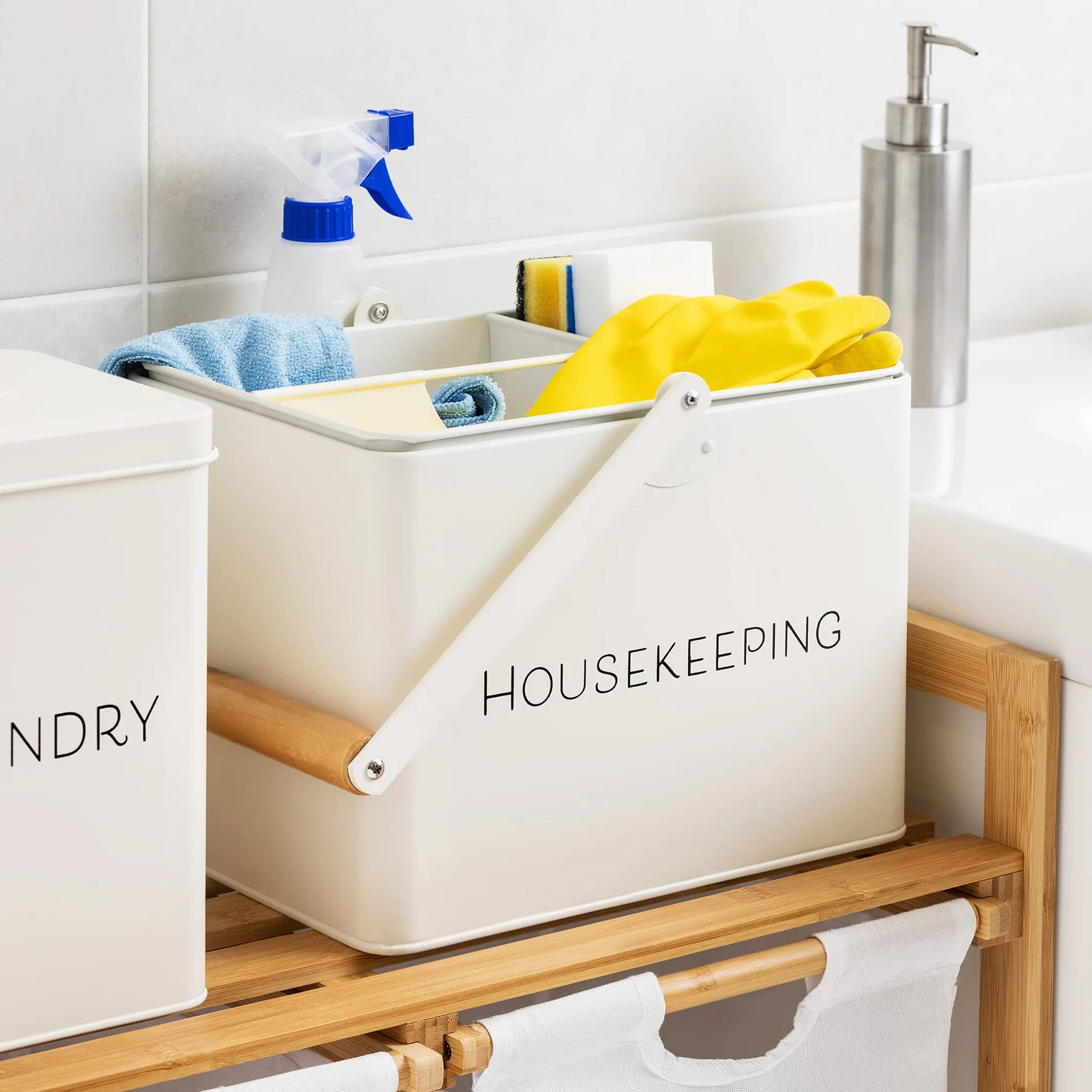 Navaris Cesta para Productos de Limpieza - Caja de almacenaje con 3X Organizador para Productos de Fregadero Cocina baño - 27,7 x 23 x 21 cm - Blanco