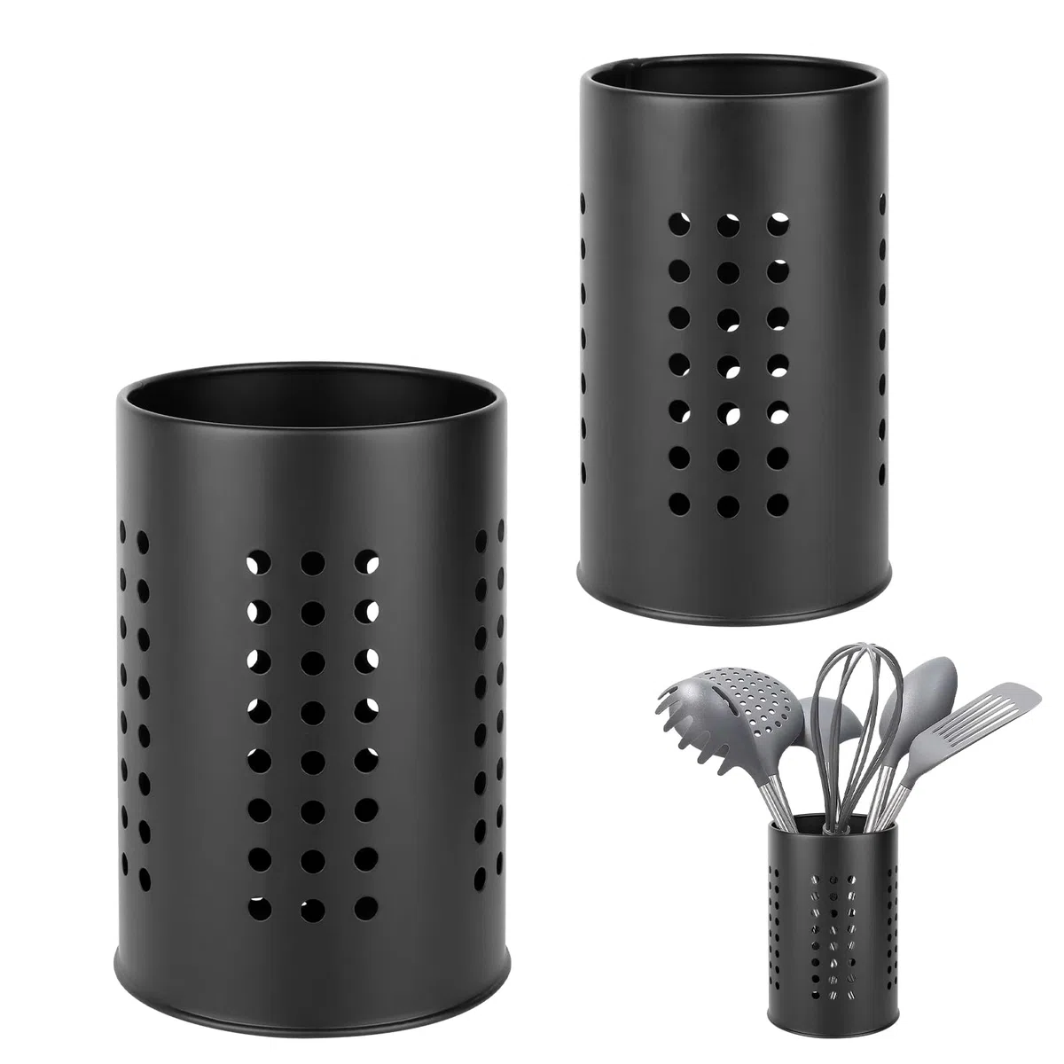 LOBVABA 2 Piezas Portautensilios，Utensilios Negros de Acero Inoxidable，Escurridor de Cubiertos Acero Inoxidable，Soporte para Cubiertos，Bote para Utensilios Cocina con Agujero de Drenaje