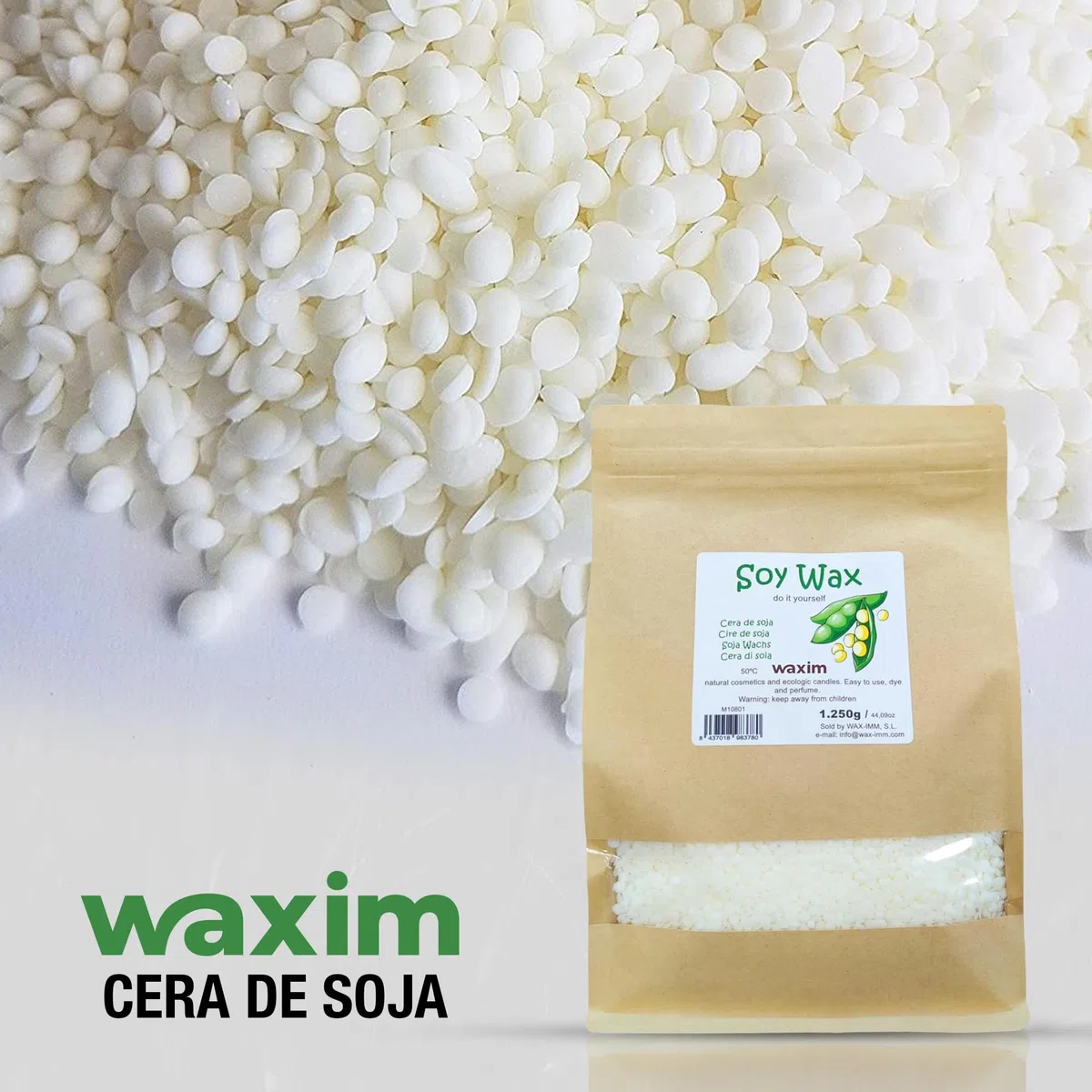 WAXIM Cera de Soja para Velas en Perlas | Soy Wax Natural, Cera para Hacer Velas Caseras y Aromáticas 1250g | Base Vegetal en Recipientes | Fusión Uniforme, Combustión Limpia y Uso DIY Profesional
