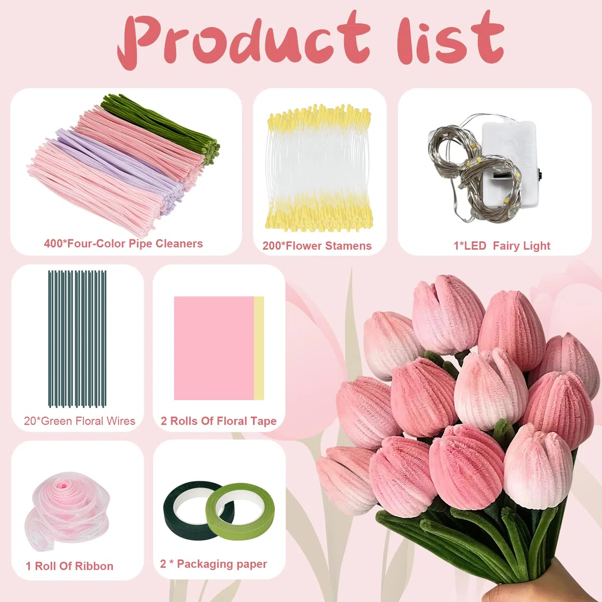 Juego de 400 limpiapipas para manualidades, limpiador de pipas de flores, con tira de luz LED, cinta de lazo, estambre, papel floral, limpiador de pipas de flores, kit de flores para ramo de