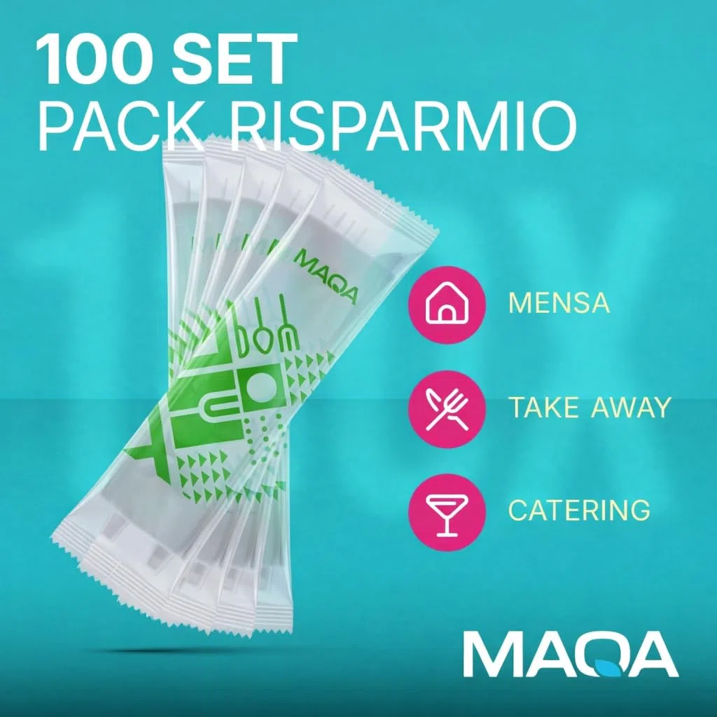 MAQA 100 piezas Cubiertos biodegradables y compostables, Tenedor y cuchillo envueltos individualmente con servilleta, Bis cubiertos