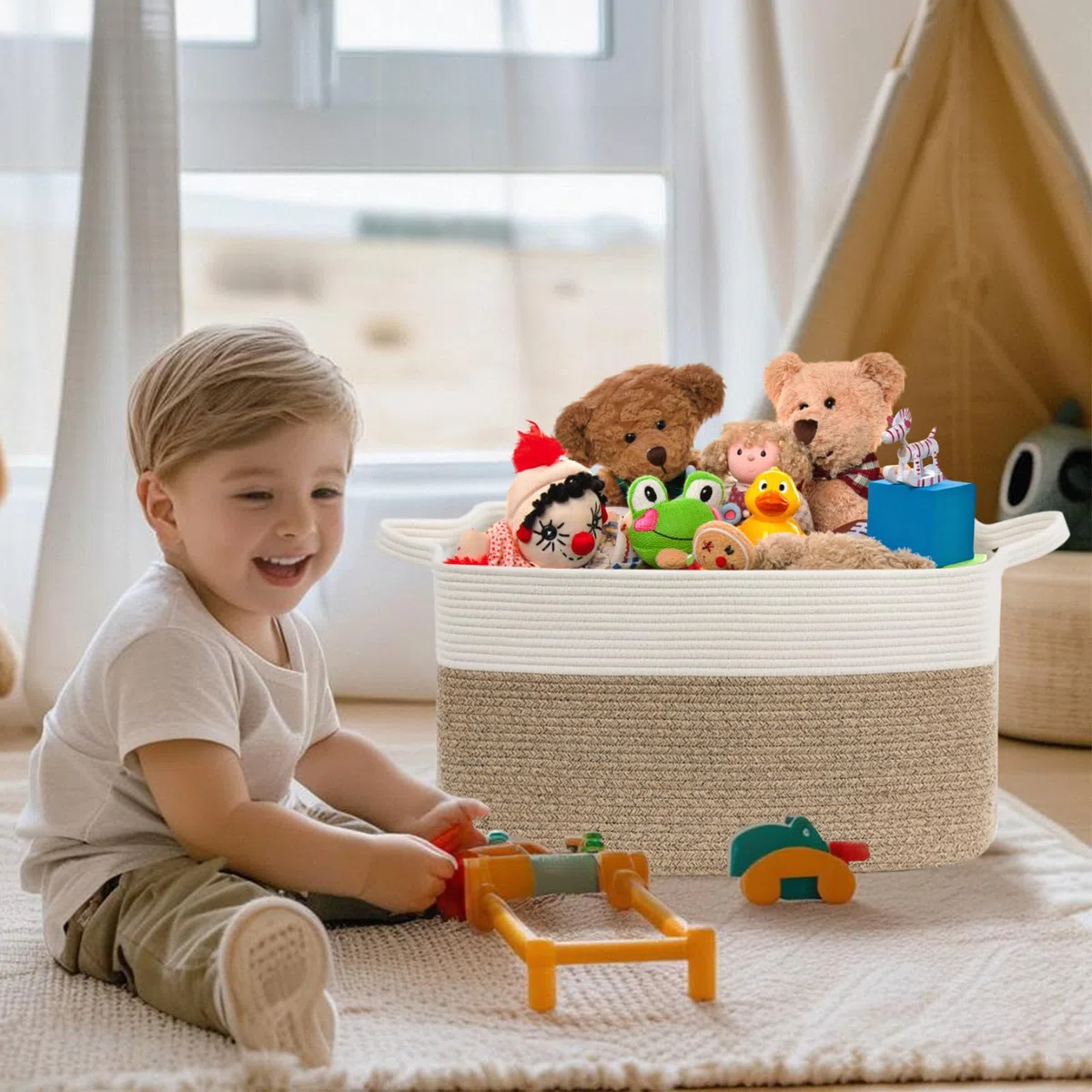 Cesto Ropa Sucia Trenzado de Algodón, 63L Cesto Colada con Asa, D55 x H30 CM Plegable Cestas de Lavandería, Cesta de Almacenamiento Grande, para Lavadero Habitación Infantil Salon Bañ