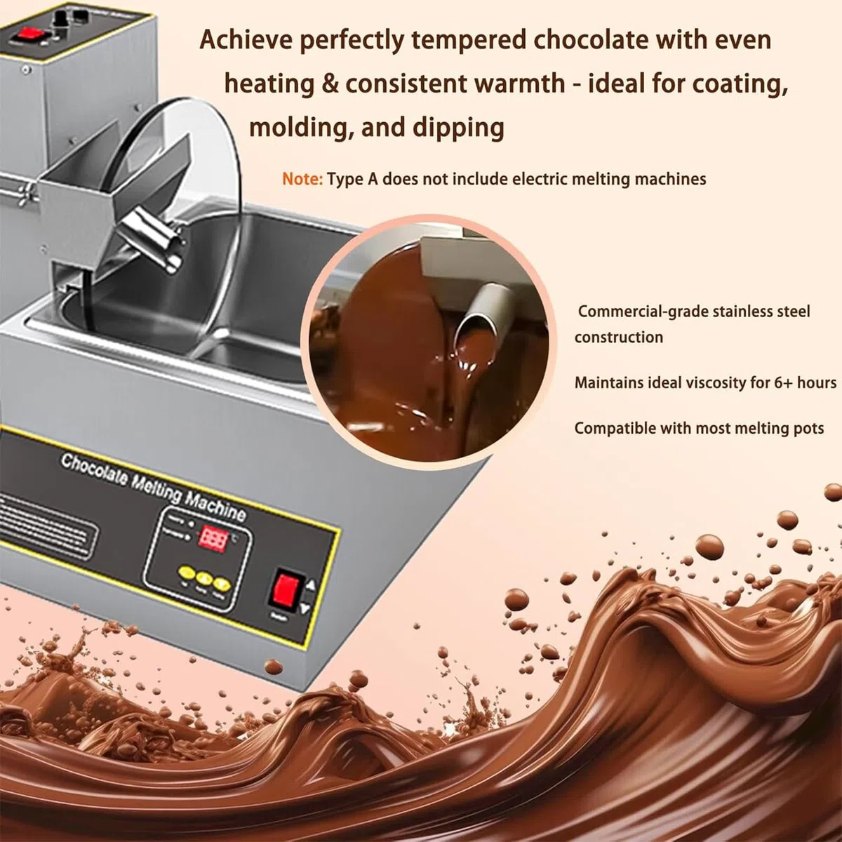 Máquina de templado de chocolate con horno de fusión, velocidad ajustable para templado y recubrimiento, acero inoxidable, fusión uniforme para hacer chocolate profesional