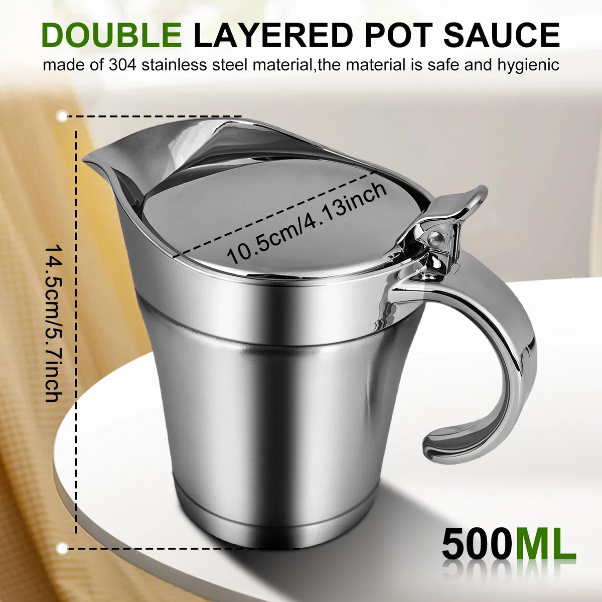 Salsera térmica de acero inoxidable de 450 ml: salsera con tapa abatible y asa, dispensador de salsas de doble pared, jarra de leche, para servir salsas, natillas, nata, salsa