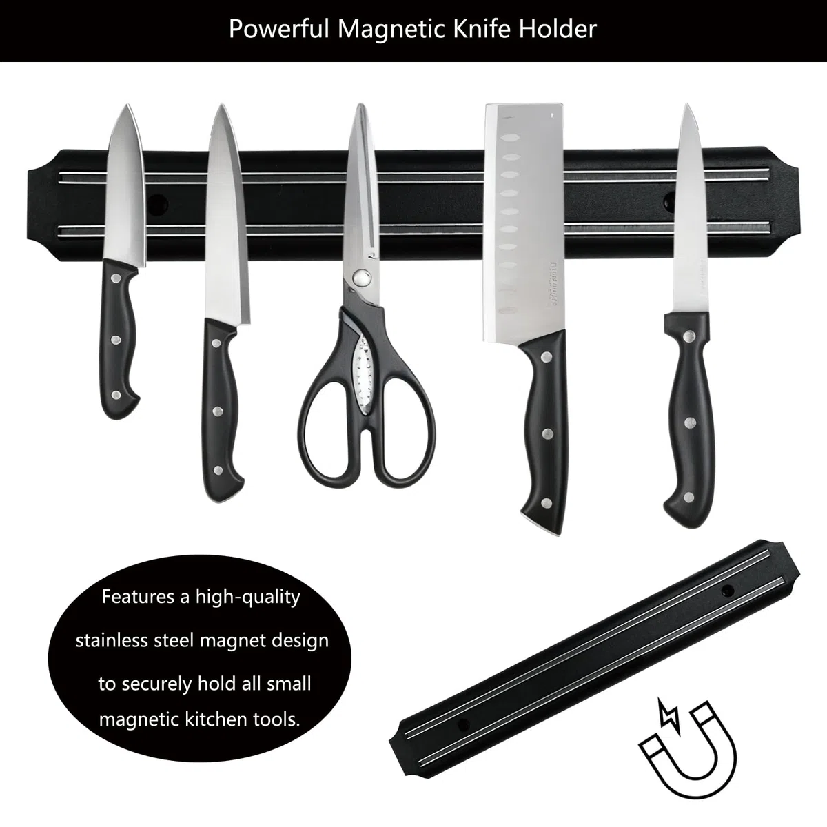 3 Piezas 33cm Iman Soporte Portacuchillas Portacuchillos Magnético Barra Cuchillos Acero Inoxidable Potente Cocina Magnetica Magnético de Cocina con 6 Tornillos para Cuchillos Utensilios (Negra)