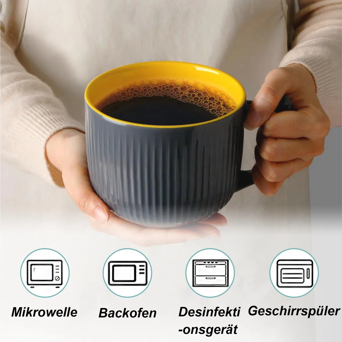 Café de Cerámica de 900ML Tazas, Tazas de Sopa con Asa, Cuencos de Cerámica con Tapa, Taza Grande de Sopa de 900ML, con Cuchara y Cepillo de Esponja, para Microondas, Lavavajillas(Gris Oscuro)