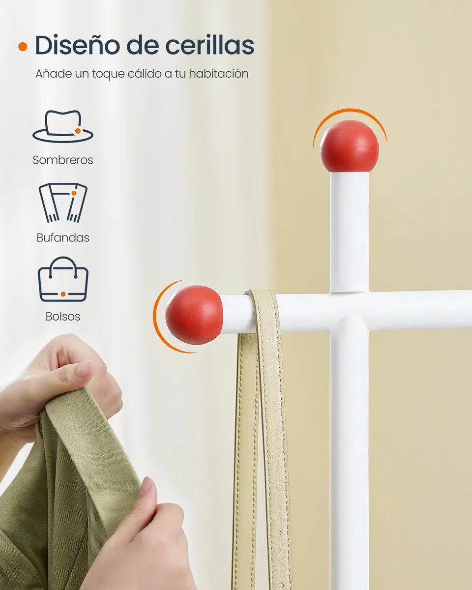 SONGMICS HOME Perchero, Perchero Metálico con Ruedas, 1 Barra para Colgar, Ganchos para Cerillas, Blanco Mate HSR170W01