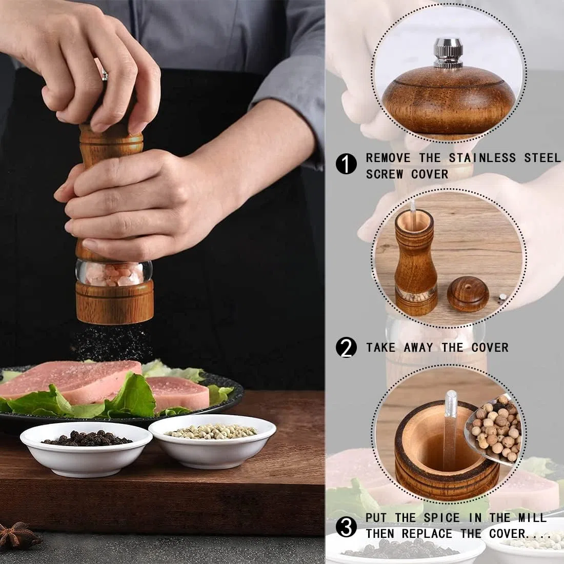 2 Piezas Molinillos de Pimienta, Molinillo de Sal y Pimienta Manual de Madera con Ventana Acrílica Transparente,para Pimiento, Sal Gorda, Hinojo（Con 2 accesorios de rotor cerámicos）