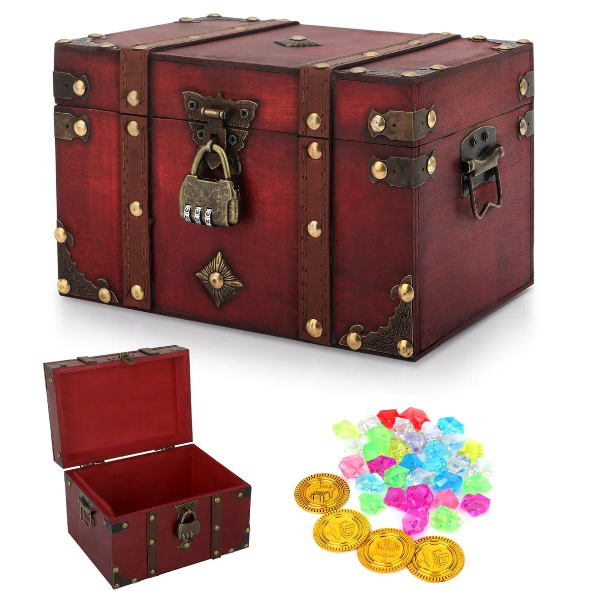 Cofre Tesoro con Candado de Madera Caja de Almacenamiento Decorativa del Tesoro de Cuero Baúl juguetes infantil 22 x 15 x 14 cm (L) Pirata niños con Tapa