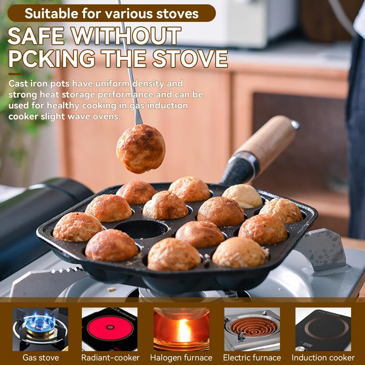 Cyrank Sartén Takoyaki De Hierro Fundido, Sartén Takoyaki Antiadherente De 14 Cavidades Para Hacer Bolas De Pulpo Plancha Takoyaki De Hierro Fundido Para Bolas De Panqueques Poffertjes