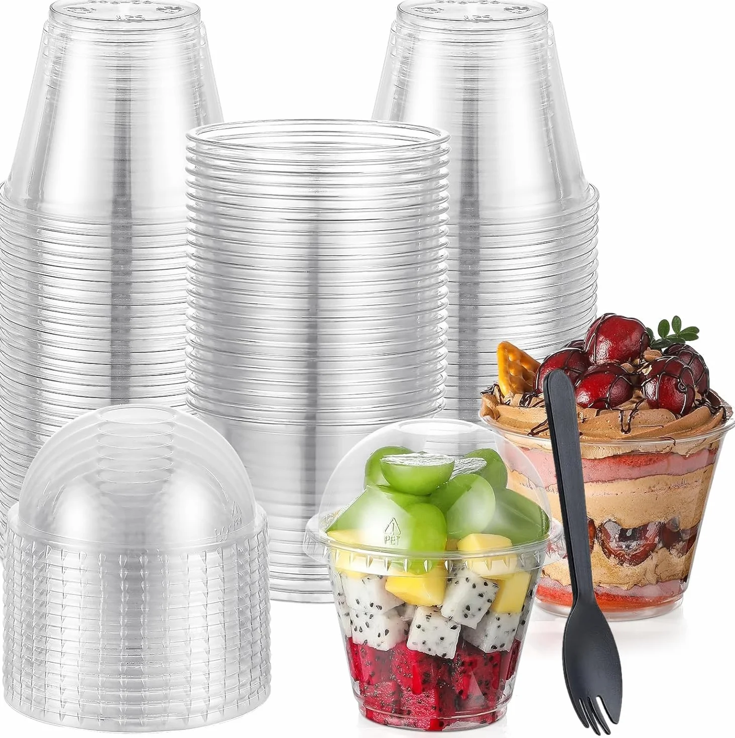 LATERN 50 Piezas Vasos de Postre de Plástico con Cúpula Tapas, 270ml Redondas Tazas de Postre Taza de Aperitivo de Parfait Transparente Tazón para Servir Reutilizable con Tenedores para Pudín Mousse