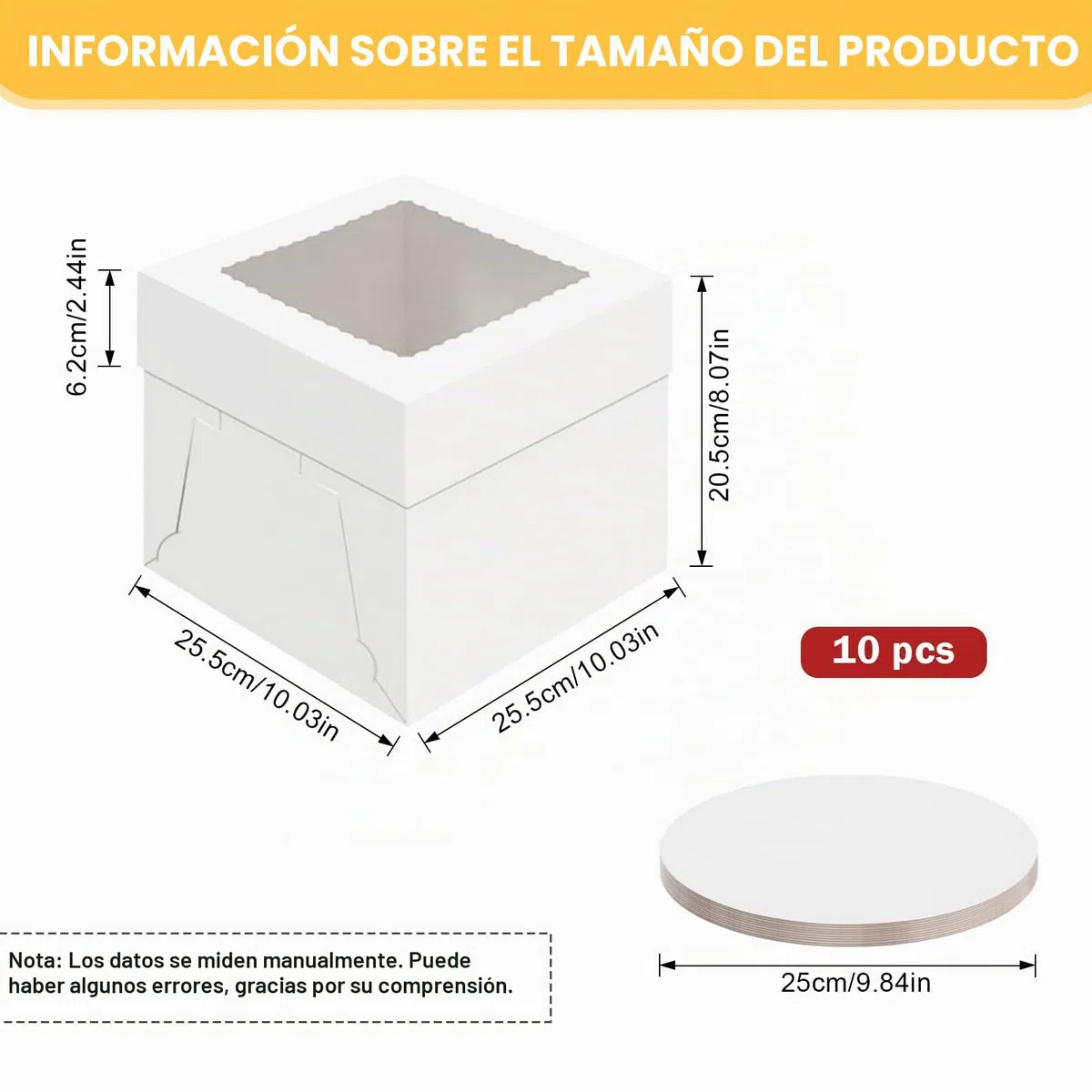 10 Pack Cajas para Tartas, 25,4 x 25,4 x 20,3cm Caja de Cartón Blanca Con Ventana y 10 Bandejas Redondas