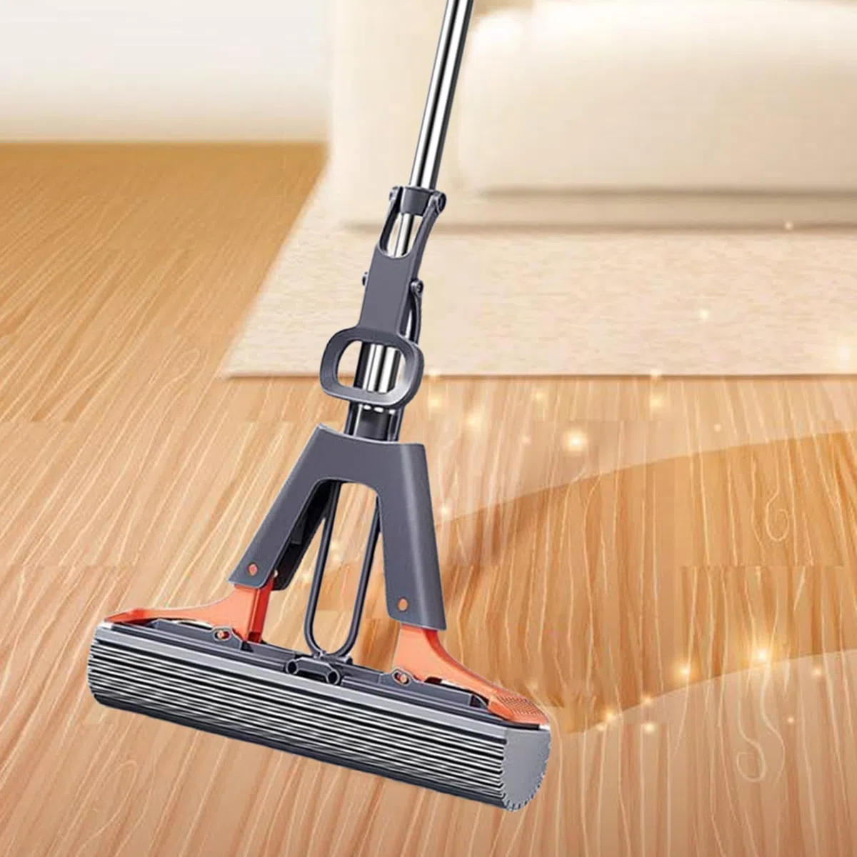 Pva - Mopa de esponja autoapretable, con 2 cabezales de esponja superabsorbentes, esponja para limpiar suelos, fregona de suelo con mango de acero inoxidable para uso en seco y húmedo para baño y