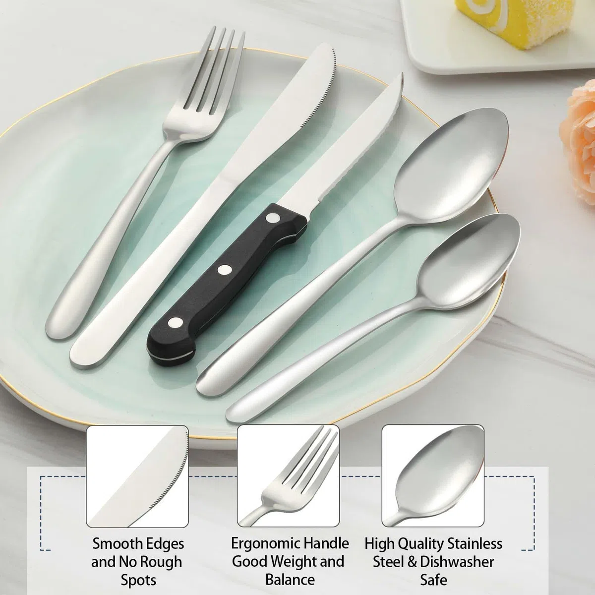 Cubiertos, Pleafind 30 piezas juego de cubiertos para 6 personas, cuberteria acero inoxidable, cuberteria plateados que incluyen cuchara, cuchillo, tenedor,cuchillo de carne, apto para lavavajillas