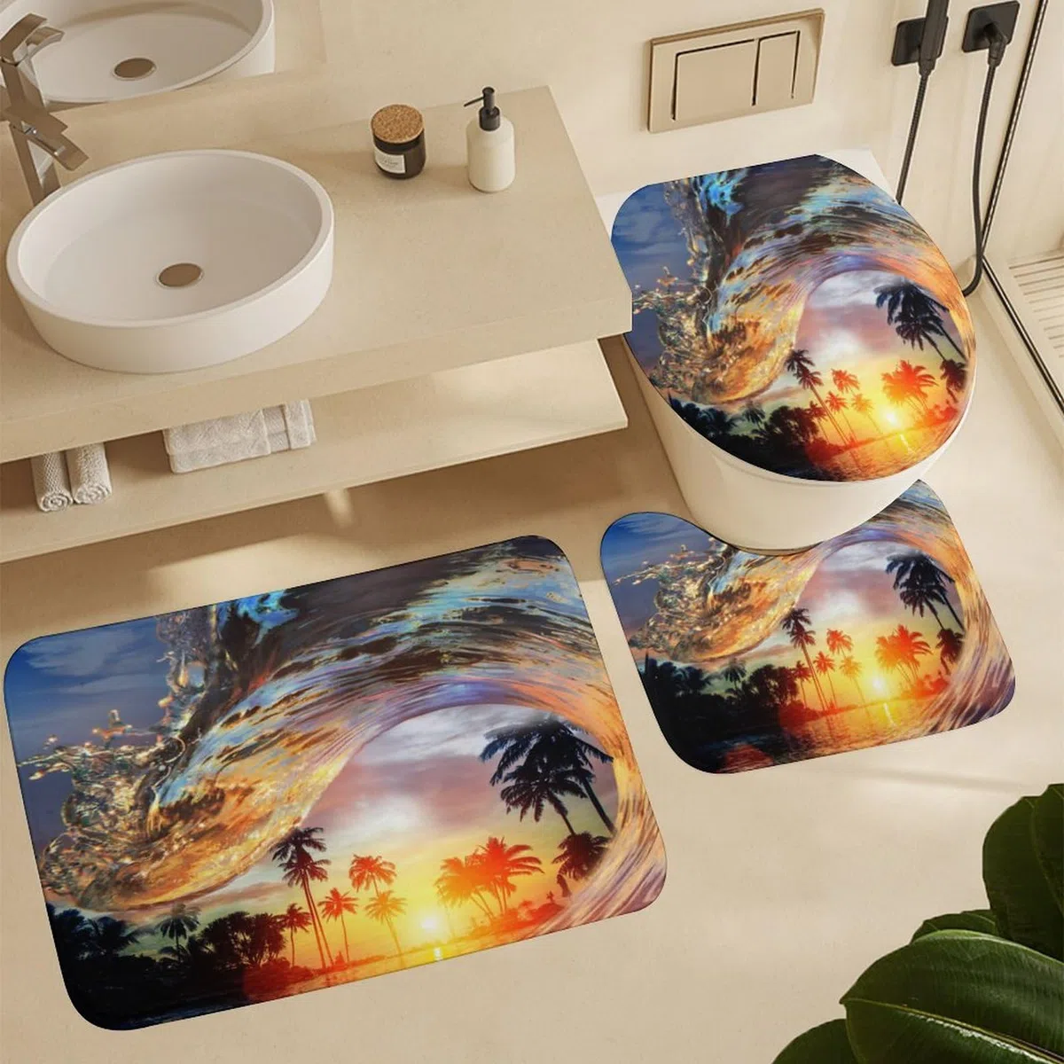Juego de 4 cortinas de ducha impermeables con temática de surf oceánico, playa, palmeras, puesta de sol, olas con cubierta de inodoro impermeable, alfombra de ducha, 183 x 183 cm