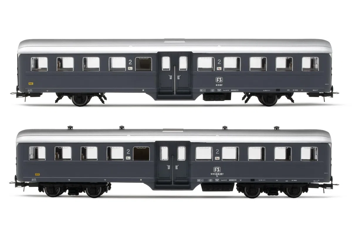 Rivarossi, FS, 2 vagones Corbellini 1947, versiones de 2 y 4 ejes, librea gris, periodo IV