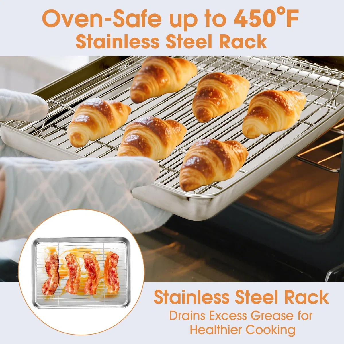 VINATO Bandeja Horno con Rejilla Acero Inoxidable - Set Bandeja Horno Universal 40x31 cm & Rejilla Enfriamiento, Bandejas Horno Inox, Fuente Para Horno, Lavavajillas