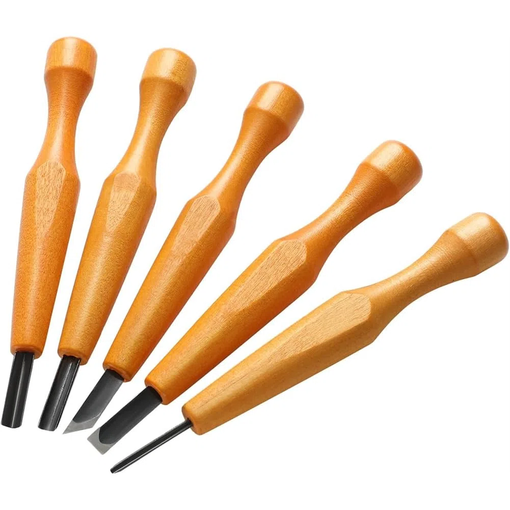 Juego de 5 Herramientas para Tallado en Linóleo, Cuchillos para Tallar Madera, Cincel, Gubia en Forma de V, Gubia Angular y Herramientas de Tallado Semicirculares.