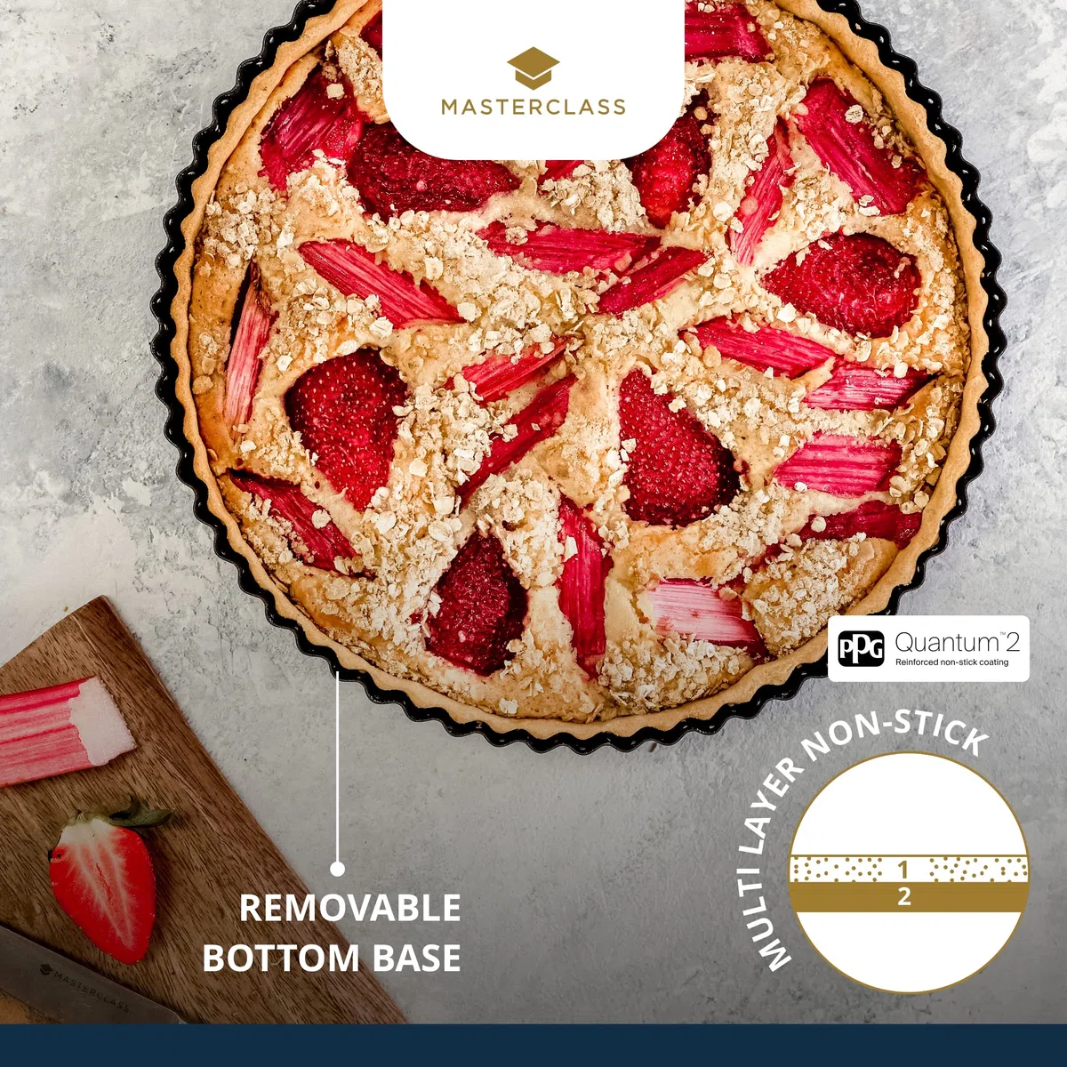 MasterClass Molde antiadherente para tartas y quiches, sin PTFE, PFOA ni BPA, de acero al carbono estriado de 1 mm de grosor, redondo de 25 cm (10"), gris