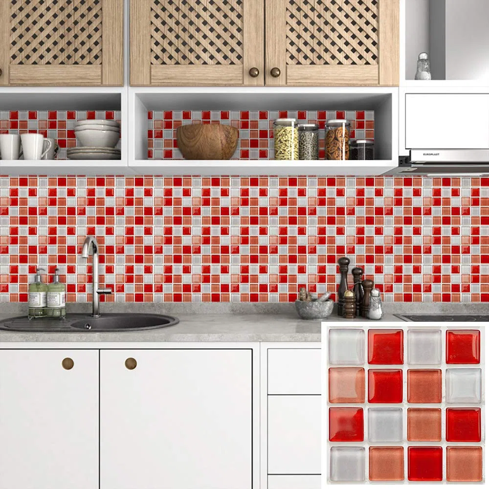 20 Piezas Adhesivos para Azulejos de Baño y Cocina, Mosaico PVC Impermeable para Suelos y Paredes, DIY Decoración del Hogar (15x15cm, Rojo)