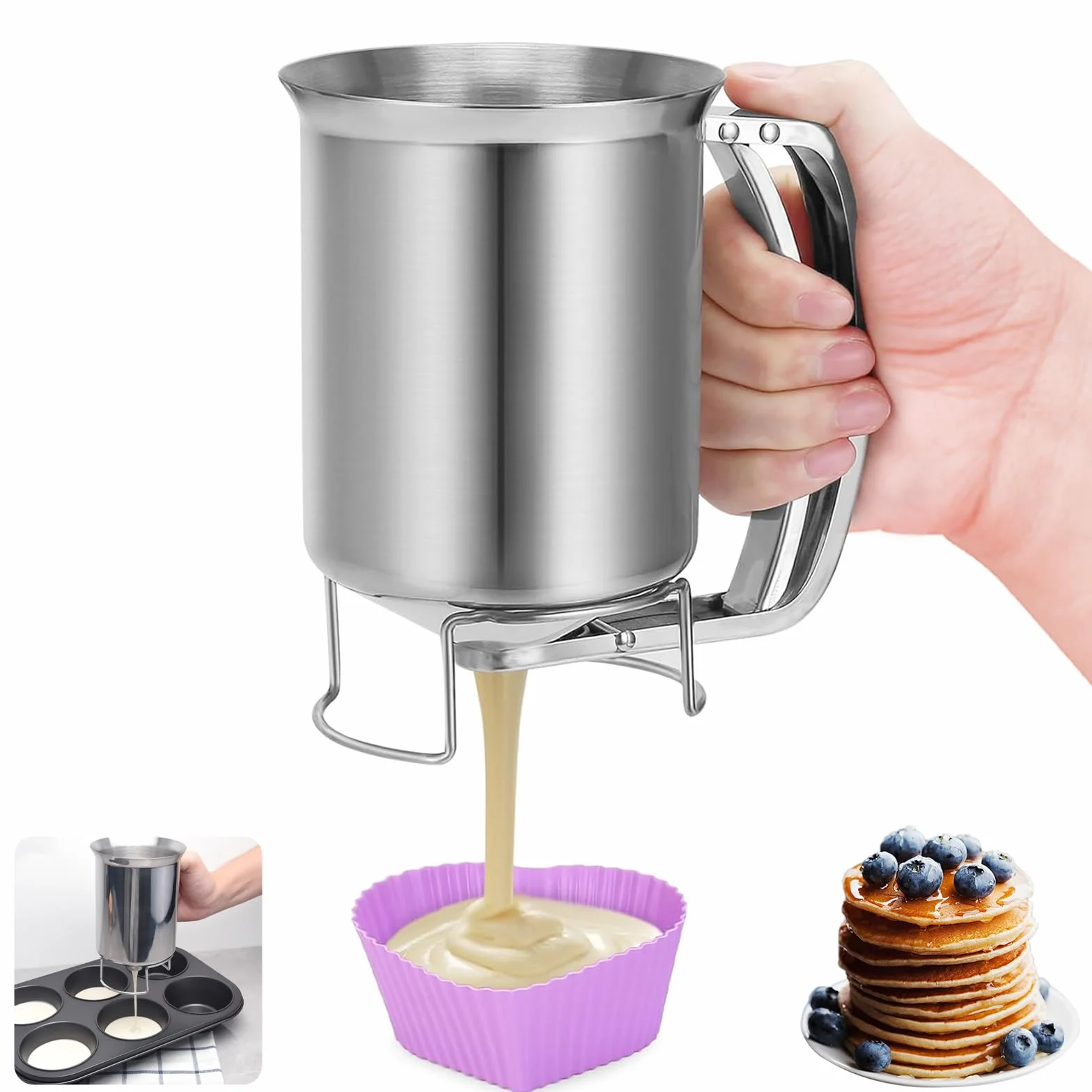 Dispensador Masa Acero Inoxidable 900ml, Dispensador Líquido Tarta Huevo con Mango Presionando, Embudo Reposteria Profesional Cocina para Pasteles, Panqueques, Magdalenas, Gofres, Crepes, Tortitas