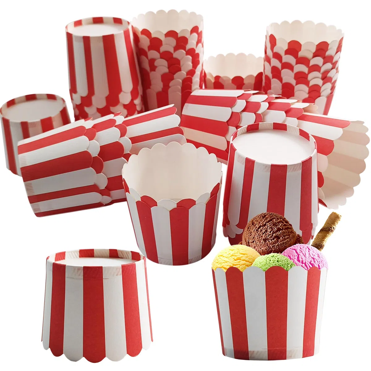 50 mini moldes para magdalenas, vasos de papel para hornear, diseño de circo a rayas rojas, blancas, para magdalenas, magdalenas, Navidad, helado, desechables, 50 unidades