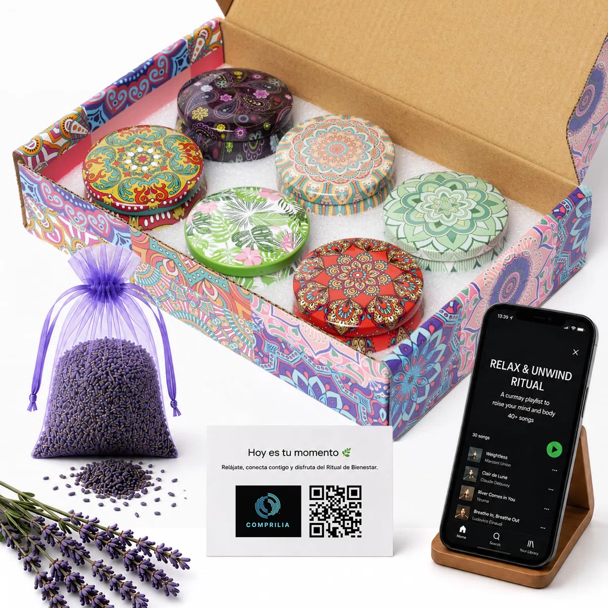 Set de Velas Aromáticas para Regalo 6 Aromas | Coconut, Peppermint, Sándalo y Más | Lavanda Natural, Ritual QR y Caja Decorativa