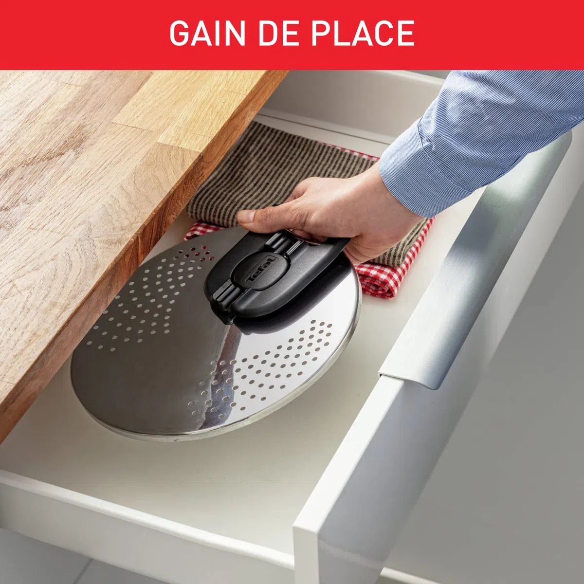 Tefal Ingenio - Tapa escurridor, acero inoxidable, fácil almacenamiento, multidiámetro, compatible con Ingenio, apto para lavavajillas L9829402, acero inoxidable y negro, tapa escurridor, 14-20 cm