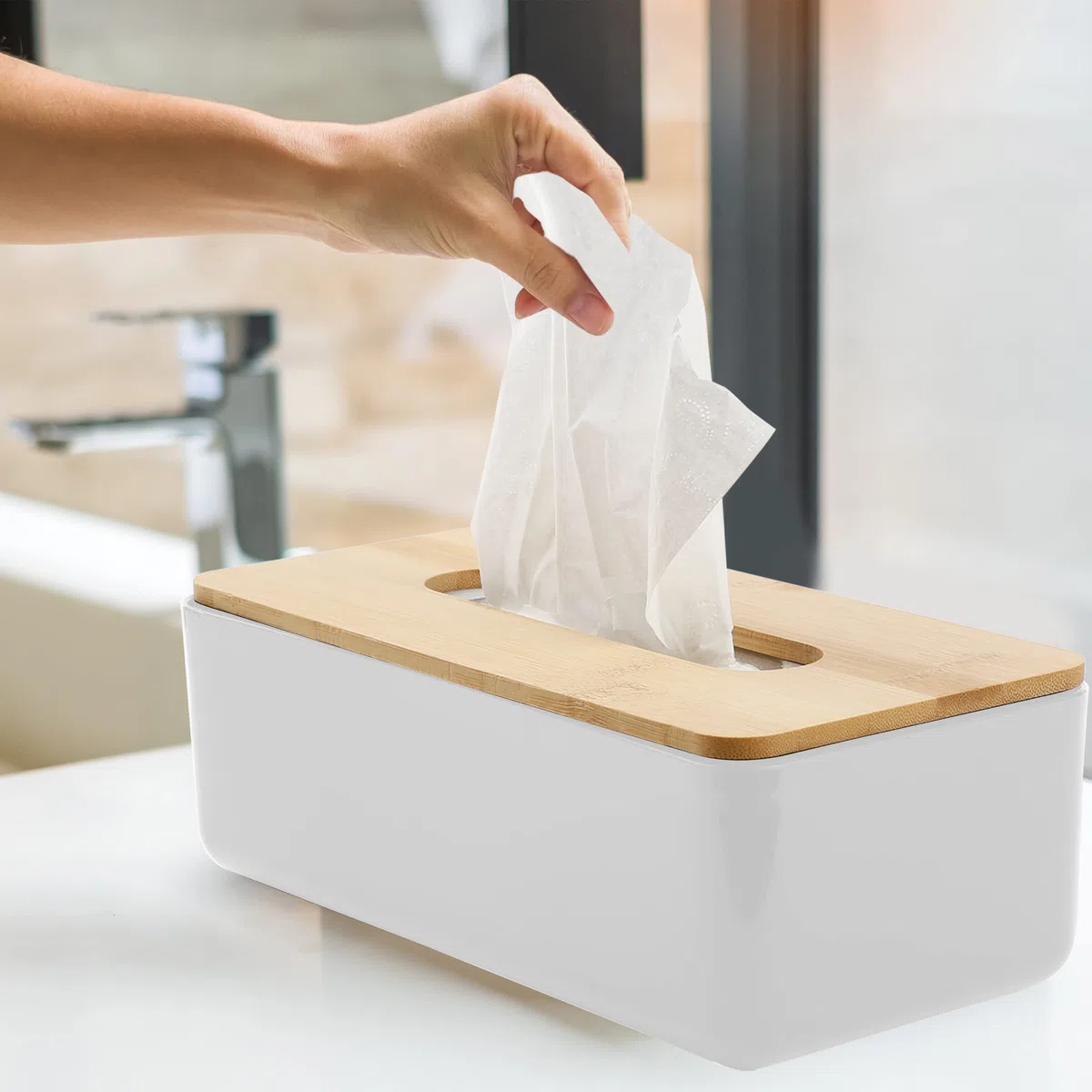 Caja para pañuelos, Soporte para Pañuelos, Portapañuelos de Papel Caja, Recargable, Blanco, para Baño, Salón, Oficina, 26 x 13,2 x 8,8-1 Unidad