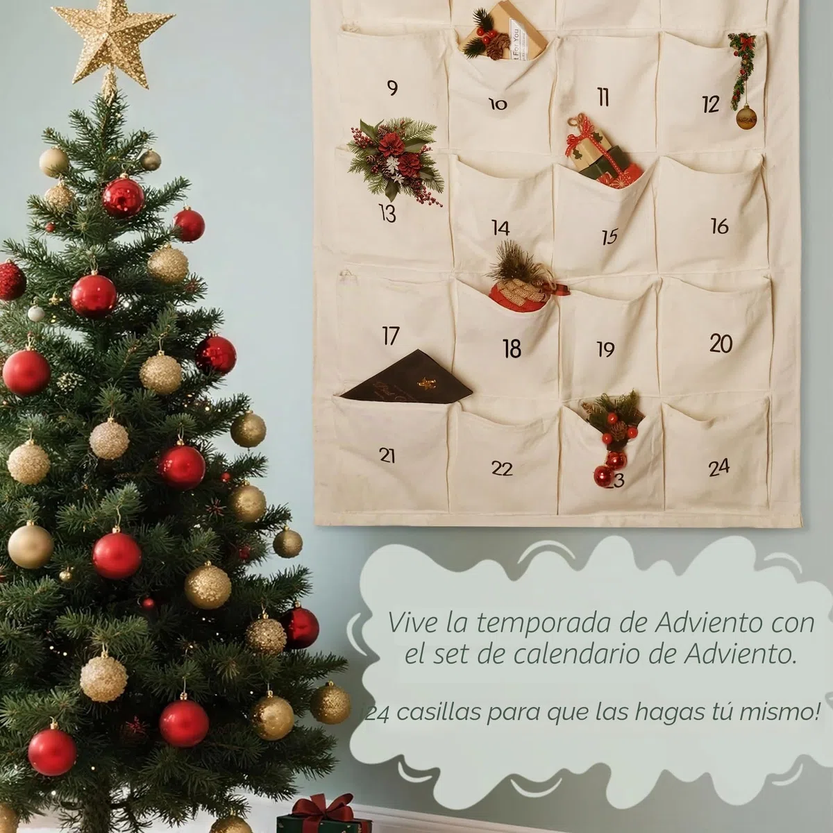 I LOVE MOM Calendario de Advento para llenar tela, 2025 calendario de cuenta atrás colgando con 24 bolsillos, regalo de fiesta de Navidad colgando o montando, decoración navideña reutilizable