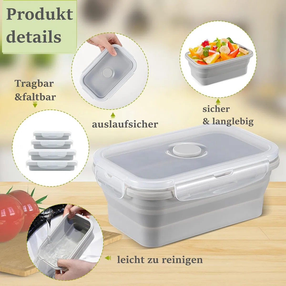 Juego de 4 Envases para Alimentos Plegables de Silicona, para Cocina, Pícnic, Senderismo, Escuela, Bento, Color Gris