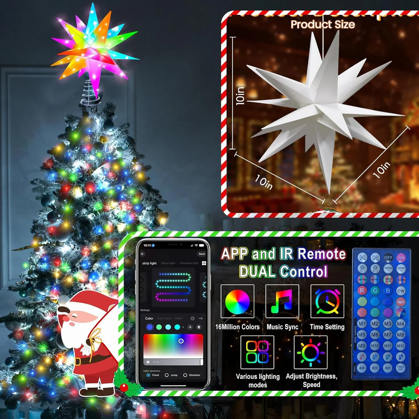 Estrella Arbol de Navidad 3D iluminada,Decoracion arbol de Navidad iluminada Inteligente de 10‘’ en Punta de árbol, Control por aplicación Bluetooth, sincronización de música