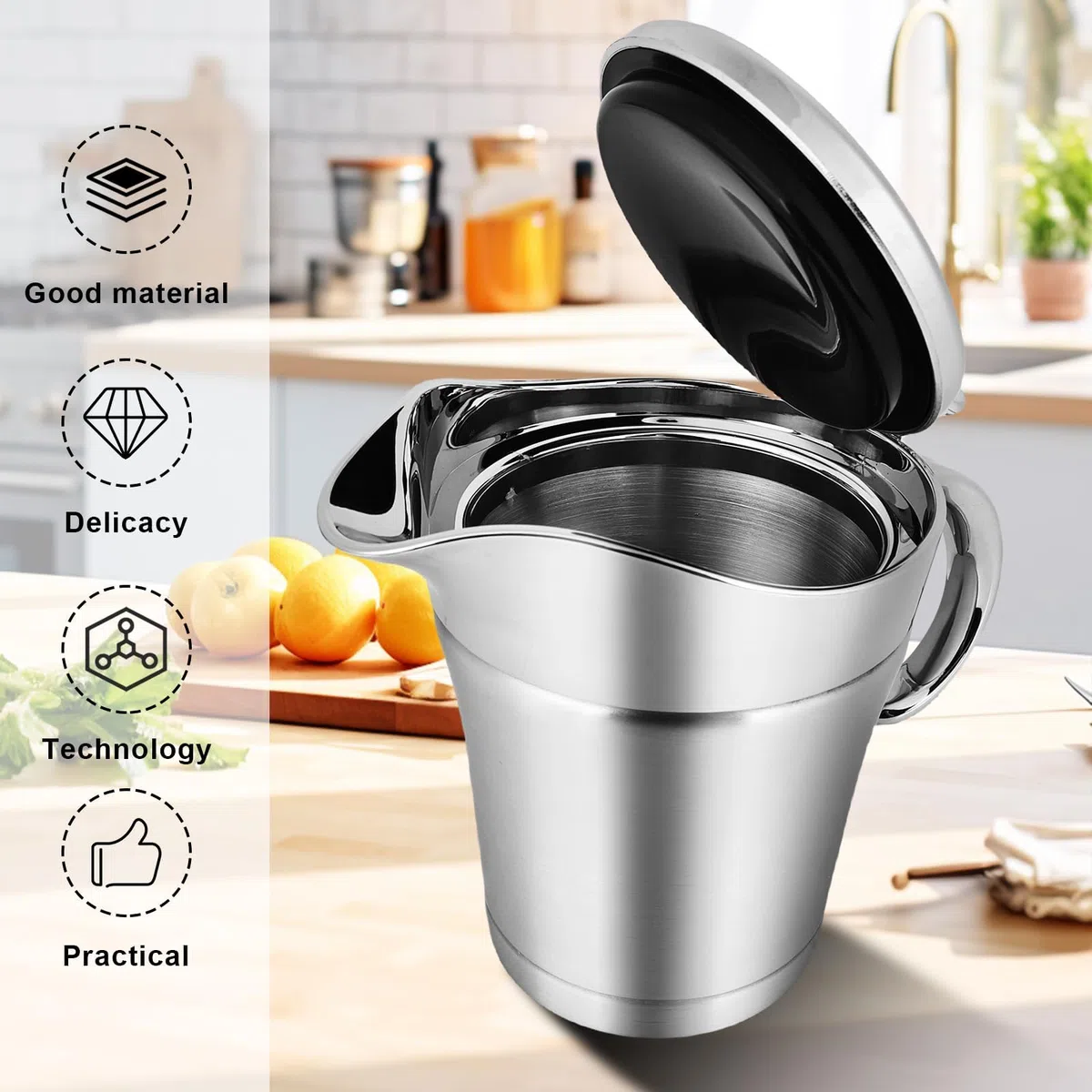 Salsera térmica de acero inoxidable, 500 ml, con doble aislamiento, elegante jarra de salsa, acero inoxidable 304, salsera térmica con tapa, jarra para salsas, recipiente para salsas y salsas