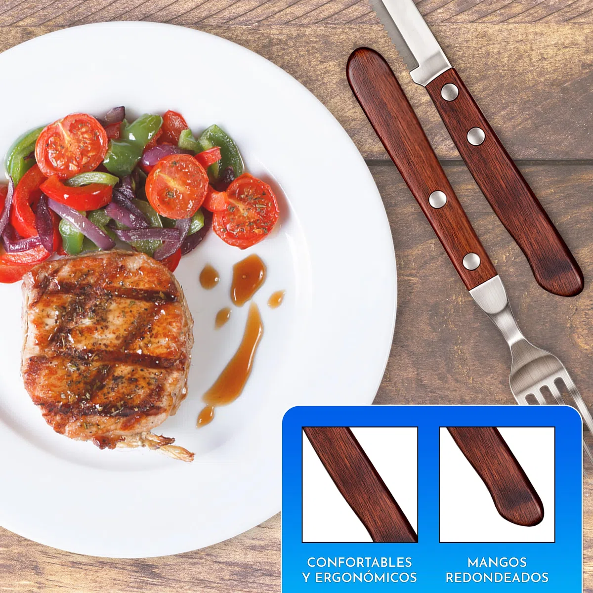 Cubiertos carne acero inoxidable madera 24 piezas con cuchillos carne 12 piezas y 12 piezas de tenedores de carne