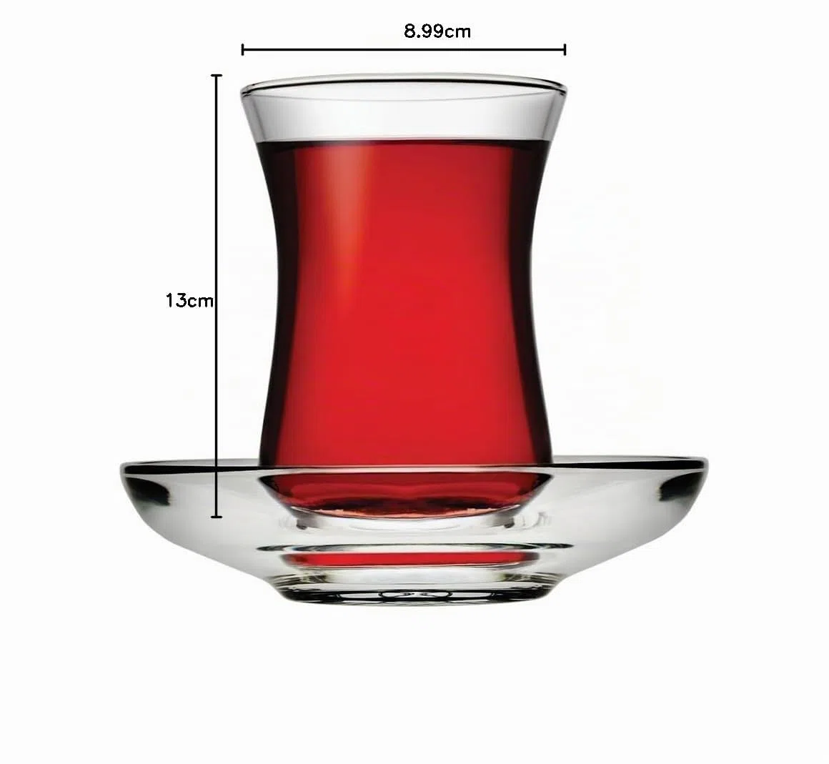 Juego de vasos y platillos turcos de té, diseño Pasabahce, juego de 6 unidades, 120 cm³. 113 g. Apto para lavavajillas.