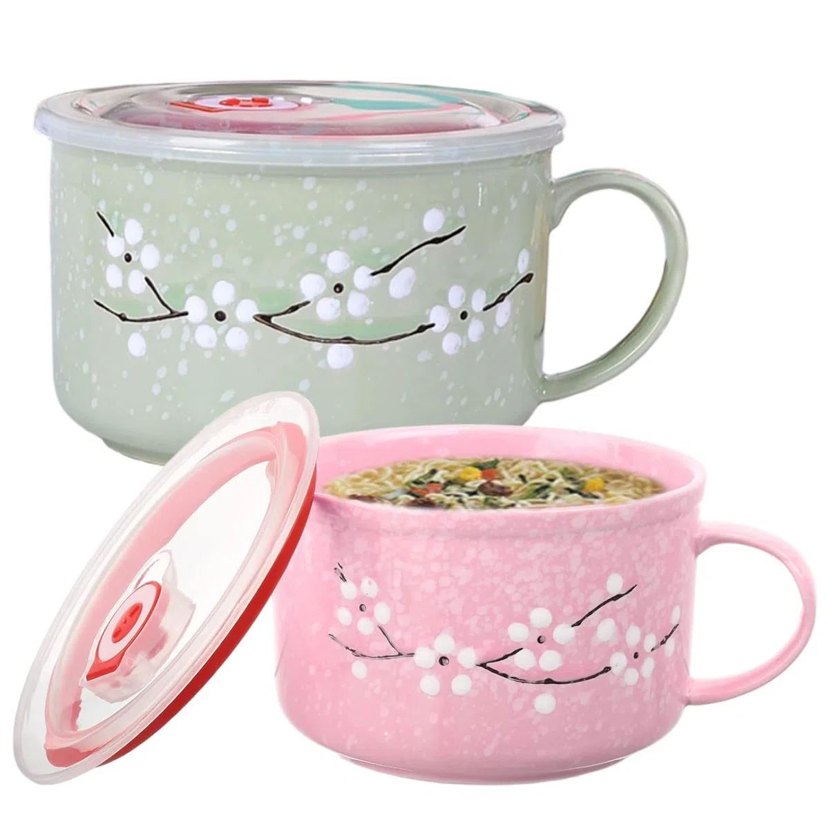 2 cuencos de sopa con asas de 800 ml/28 oz con sellado resistente al calor para microondas con tapa, taza de viaje de cerámica floral invernal para gachas de fideos ramen, cuenco de cerámica con tapa