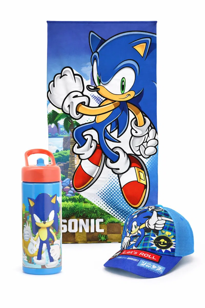 MARUKATSU Sonic Pack Playa Niño Completo Toalla 140x70 cm + Gorra Ajustable + Botella 410ml – Set Verano Infantil Microfibra Secado Rápido Piscina