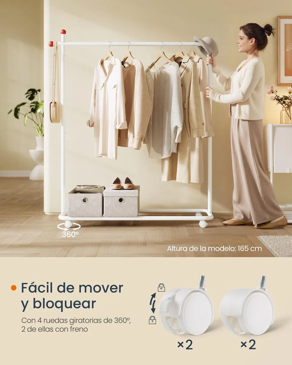 SONGMICS HOME Perchero, Perchero Metálico con Ruedas, 1 Barra para Colgar, Ganchos para Cerillas, Blanco Mate HSR170W01