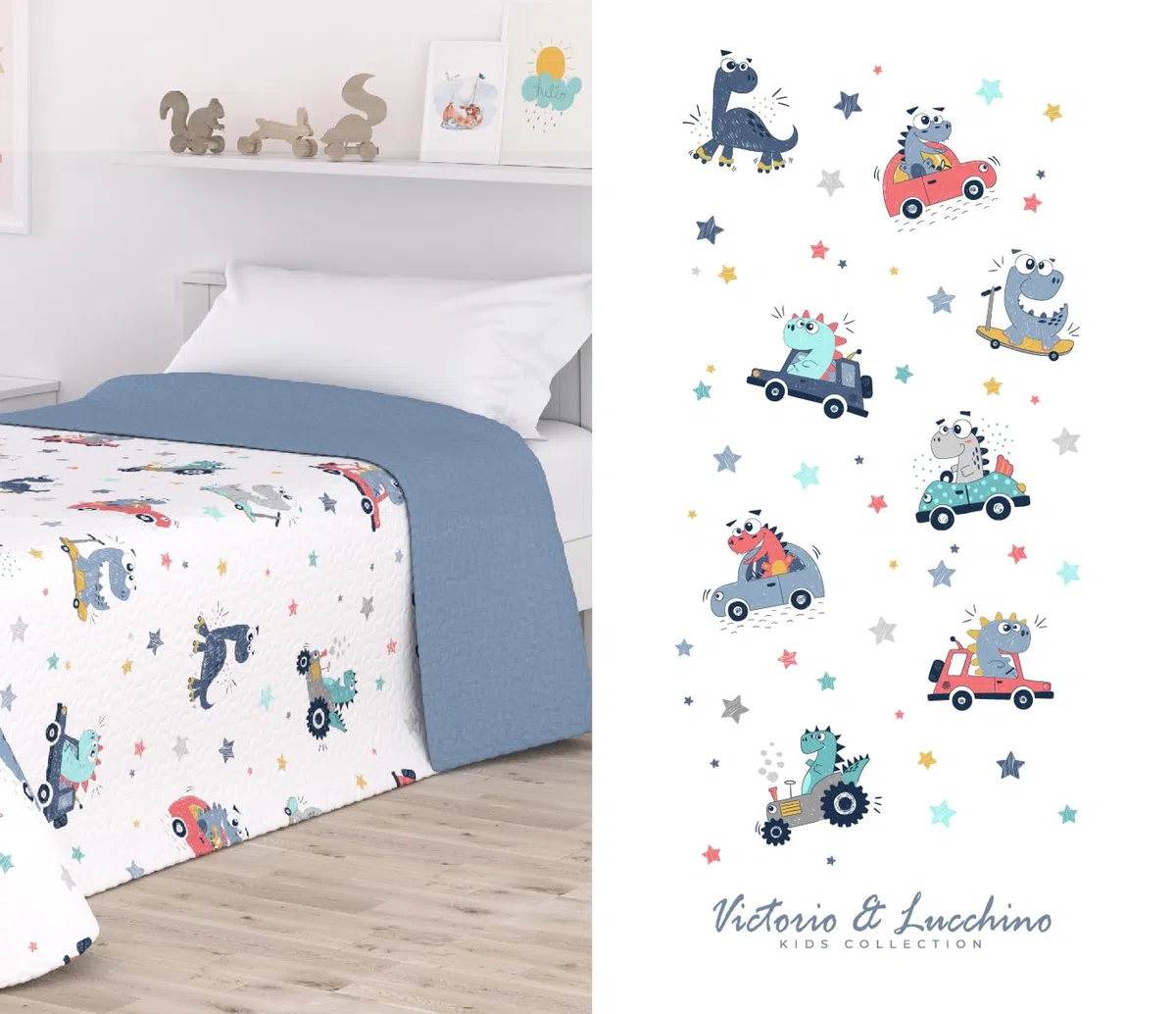 Victorio & Lucchino Colcha Infantil de Verano y Primavera. Ligera Colcha cubrecama de Microfibra. (Dino, Cama 90cm)
